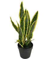 La plante artificielle Sansevieria Laurentii 44 cm possède de longues feuilles vertes dressées aux bords jaunes et est présentée dans un pot décoratif sur un fond blanc uni.