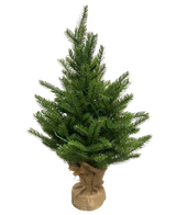 Le Sapin de Noël Artificiel Mini "Munchi" 60 cm 100% PE - Smart LED est un petit sapin de Noël artificiel vert avec des aiguilles au toucher réel, une base enveloppée de jute et se tient debout sur un fond blanc uni.