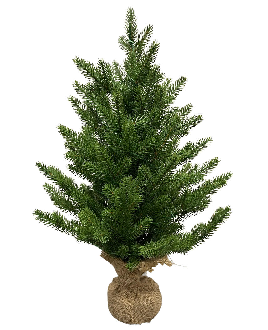 Le sapin de Noël artificiel Mini "Munchi" 60 cm (100% PE) est un petit pin vert aux branches denses. Sa base est enveloppée de toile de jute et nouée avec de la ficelle et se tient debout sur un fond blanc uni.