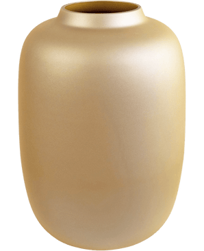Le Vase Artic Gold (Ø21 x H29 cm) est un vase fin et doré mat au corps large et à l'ouverture étroite et légèrement évasée, affiché sur un fond blanc uni.