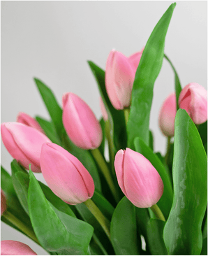 Un gros plan du bouquet de tulipes en soie artificielle dans un vase rose montre des tulipes roses avec des feuilles vertes sur un fond clair et neutre.