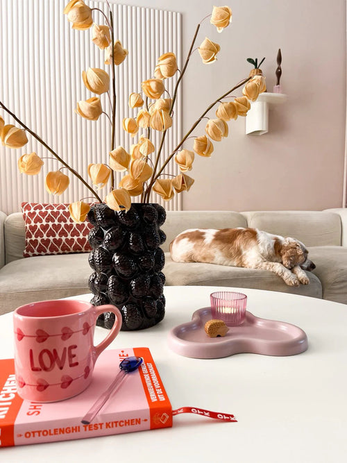 Un salon cosy avec un canapé beige, un chat endormi, un vase noir sculptural contenant la Fleur Artificielle Physalis Lampion 90 cm marron, un mug rose "LOVE", un livre, une bougie et un biscuit sur la table basse.