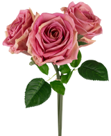 Le bouquet de roses artificielles Real Touch Old Pink 30 cm comprend trois roses artificielles roses avec des feuilles et des tiges vertes, joliment disposées sur un fond blanc uni.