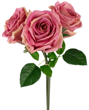 Le bouquet de roses artificielles Real Touch Old Pink 30 cm comprend trois roses artificielles roses avec des feuilles et des tiges vertes, joliment disposées sur un fond blanc uni.