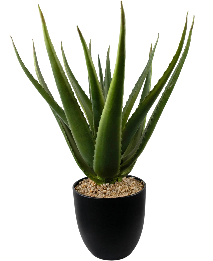 Un gros plan de la plante artificielle Aloe Vera 45 cm montre des feuilles épaisses, vertes et épineuses dans un pot noir rempli de petits cailloux marron clair.