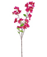 La Fleur Artificielle Bougainvillier 120 cm rose possède une seule branche avec plusieurs bouquets de fleurs rose vif et des feuilles vertes sur une fine tige brune, sur un fond blanc.