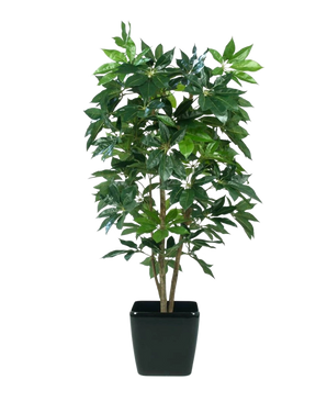 La plante artificielle Schefflera de 150 cm a de multiples tiges et des feuilles vertes brillantes, présentées dans un pot rectangulaire noir sur un fond blanc uni.