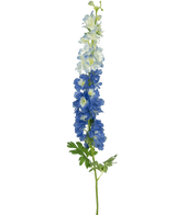 La Fleur Artificielle Delphinium 105 cm bleue a une seule longue tige avec des fleurs bleu-blanc et des feuilles vertes, sur un fond blanc uni.
