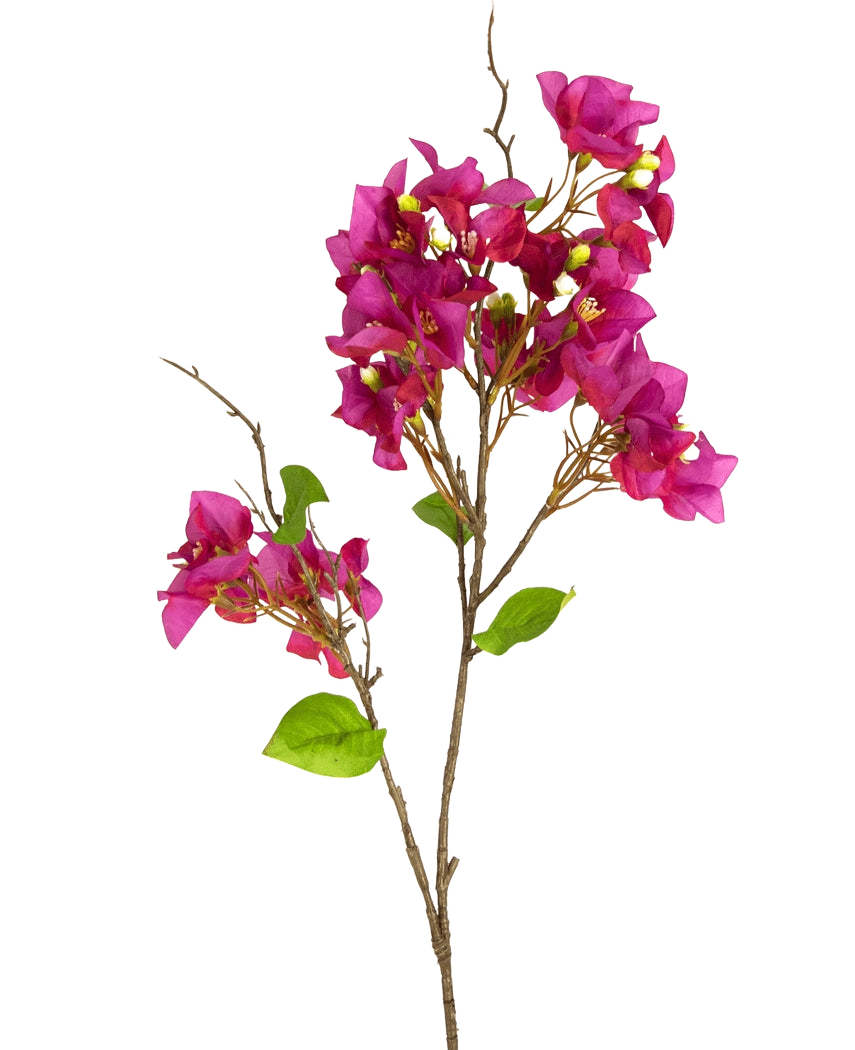 La fleur artificielle Bougainvillier 90 cm violet a des fleurs violet magenta vibrantes et des feuilles vertes sur de fines tiges brunes, sur un fond blanc uni.