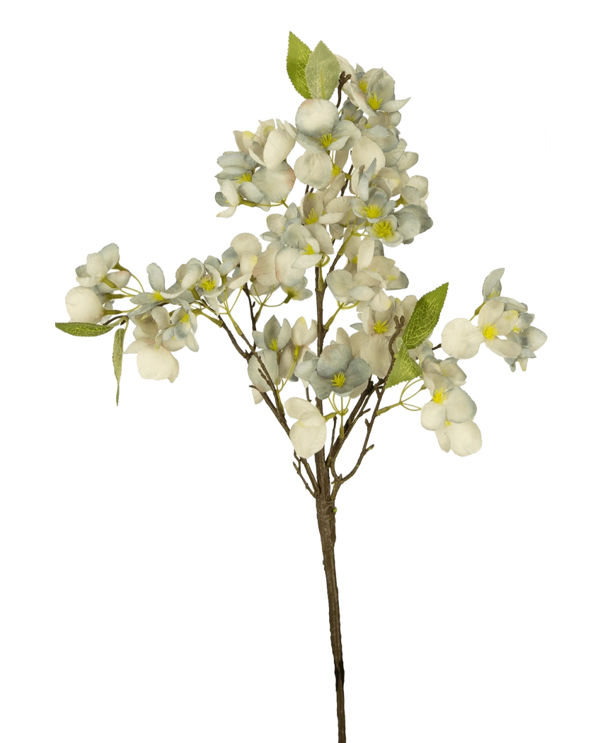 La fleur artificielle Blossom 64 cm bleue est une branche de fleur artificielle simple à tiges multiples avec des grappes de petites fleurs bleues et des feuilles vertes sur un fond blanc uni.