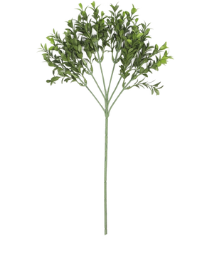 Une seule branche de buis artificiel de 47 cm ignifuge anti-UV avec plusieurs branches de petites feuilles ovales est présentée sur un fond blanc uni.