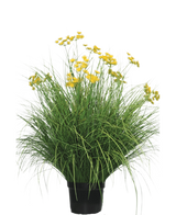Le gazon artificiel Asteraceae 100 cm ignifuge possède des feuilles longues et étroites et des bouquets de fleurs jaune vif sur de hautes tiges. Cette plante sans entretien est magnifique dans n'importe quel intérieur sur un fond blanc.
