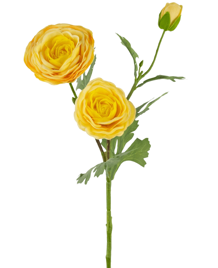 La Rose Artificielle "Emine" Real Touch Jaune 62 cm a une tige unique avec deux fleurs jaunes épanouies et un bourgeon fermé, agrémenté de feuilles vertes, sur un fond blanc.