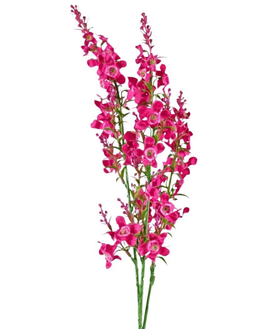 La fleur artificielle Cataire 75 cm rose a une tige de fleurs artificielles rose vif avec des feuilles vertes, isolées sur un fond blanc.