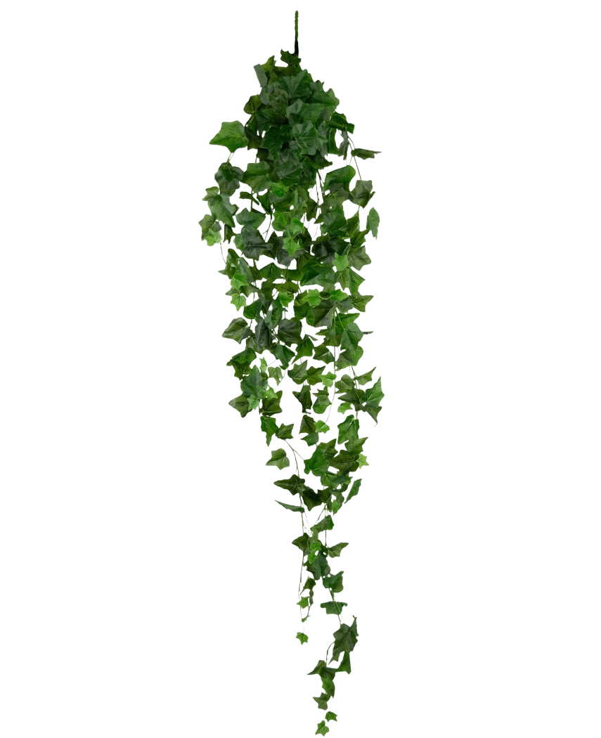 Le Lierre Artificiel 130 cm vert est un lierre artificiel suspendu avec des feuilles vertes en cascade sur un fond blanc uni.
