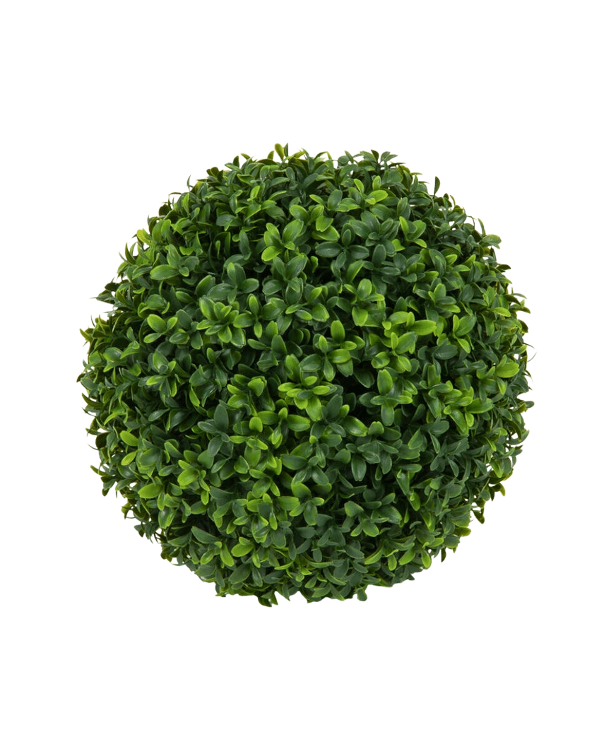Vue de dessus de la Plante Artificielle Buis style romain UV D30cm, une boule de buis artificiel ronde et dense aux feuilles vertes, sur un fond uni blanc.