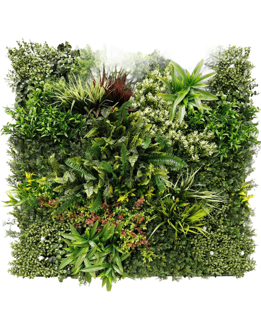 La Haie Artificielle Prestiage 100x100 cm UV est un panneau de jardin vertical dense avec diverses plantes vertes et feuillages disposés en carré, avec différentes formes, tailles et nuances de vert.