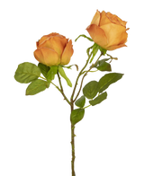 La Rose Artificielle Deluxe 55 cm pêche possède deux roses artificielles de couleur pêche sur une tige avec des feuilles vertes, idéales pour la décoration florale ou comme élégantes fleurs artificielles en soie.