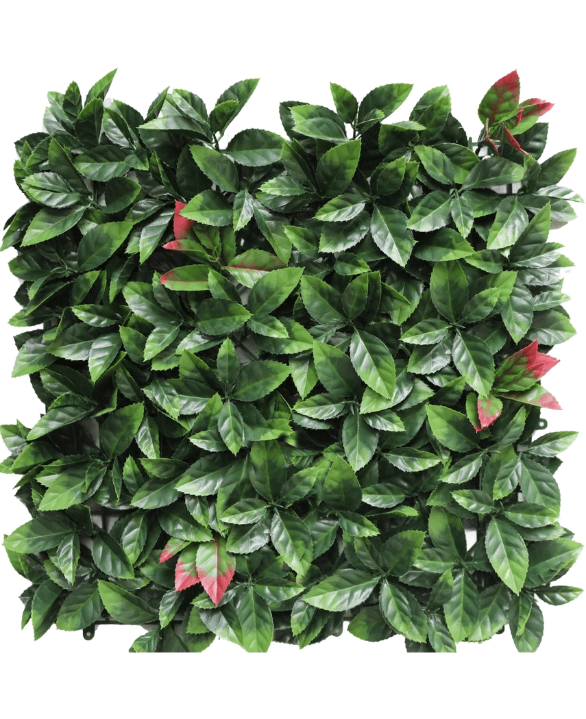 La Haie Artificielle Photonia rouge 50x50 cm UV est un panneau de haie artificielle carrée aux feuilles vertes denses avec des grappes éparses teintées de rouge, le tout présenté sur un fond blanc.