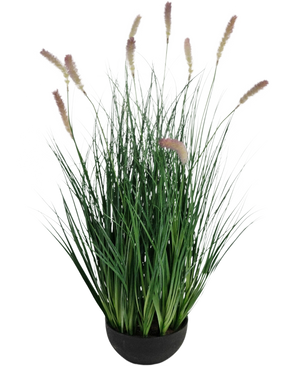 Le bonsaï d'herbe à oignon chenille à gazon artificiel est une plante de gazon artificiel ignifuge de 70 cm de haut avec de fines lames vertes et des épis de fleurs marron clair dans un pot rond noir, parfait pour un intérieur élégant.