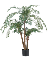 Le palmier artificiel Cycas Classic 135 cm possède plusieurs troncs élancés et de longues feuilles vertes arquées, dans un simple pot noir sur un fond blanc uni.
