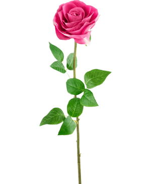 La rose artificielle Real Touch 56 cm a une seule rose artificielle rose avec des feuilles vertes réalistes sur une longue tige, sur un fond blanc uni.