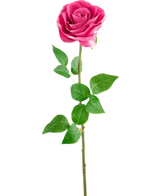 La rose artificielle Real Touch 56 cm a une seule rose artificielle rose avec des feuilles vertes réalistes sur une longue tige, sur un fond blanc uni.