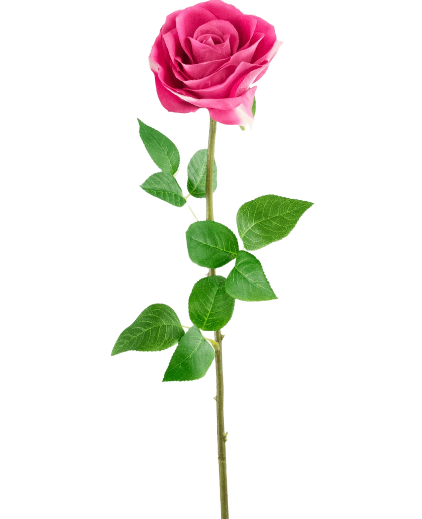 La rose artificielle Real Touch 56 cm a une seule rose artificielle rose avec des feuilles vertes réalistes sur une longue tige, sur un fond blanc uni.