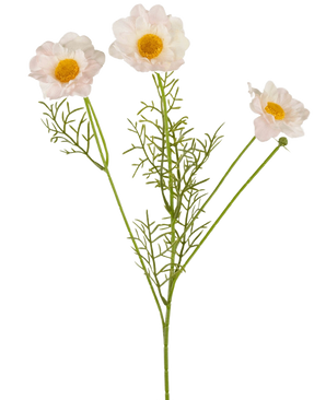 Le collier de roses artificielles Real Touch Blanc/Rose 50 cm a trois fleurs artificielles rose clair et blanches avec des centres jaunes et de délicates feuilles vertes sur de longues tiges, magnifiquement présentées sur un fond blanc uni.