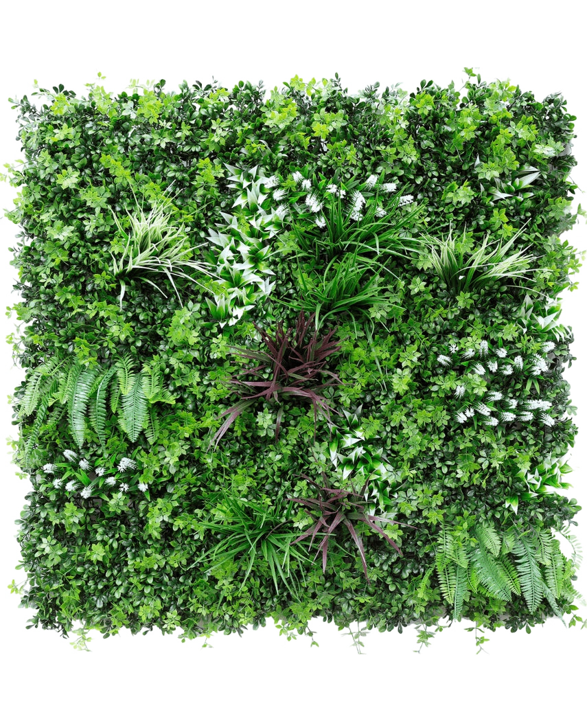 La Haie Artificielle Sillage 100x100 cm UV est un panneau mural carré à la verdure artificielle dense, avec diverses fougères et plantes à feuillage pour un effet jardin vertical luxuriant et vivant.