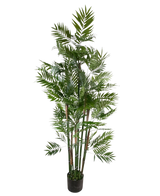 Le salon de plantes artificielles 180 cm est un grand palmier artificiel avec de multiples tiges fines et des feuilles vertes vibrantes dans un petit pot noir, sur fond blanc.