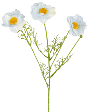 Le Collier Prêtre Artificiel Real Touch Bleu/blanc 50cm présente trois fleurs blanches au cœur jaune sur de longues tiges vertes et de fines feuilles, sur un fond blanc uni.