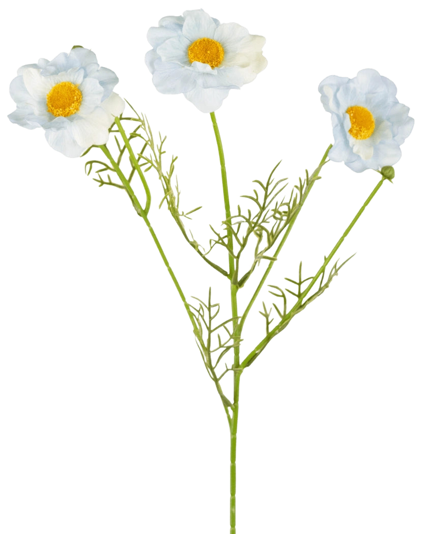 Le Collier Prêtre Artificiel Real Touch Bleu/blanc 50cm présente trois fleurs blanches au cœur jaune sur de longues tiges vertes et de fines feuilles, sur un fond blanc uni.