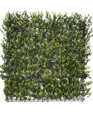 La Haie Artificielle Buis Jaune 50x50 cm UV est un panneau carré de feuillage vert artificiel dense aux feuilles jaunes, conçu pour ressembler à une haie ou un mur de jardin, sur un fond uni blanc.
