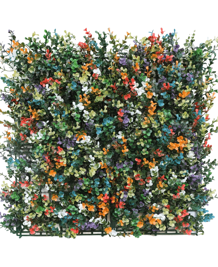La Haie Artificielle Buis multicolore 50x50 cm UV est un panneau carré de buis artificiel dense avec de petites feuilles et des bouquets de fleurs orange, blanches, rouges, jaunes, violettes et bleues sur un fond quadrillé en plastique vert.
