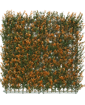 La Haie Artificielle Buxus orange 50x50 cm UV est un panneau artificiel carré au feuillage vert et orange sur grille en plastique, idéal comme haie décorative ou brise-vue, présenté ici sur fond blanc uni.