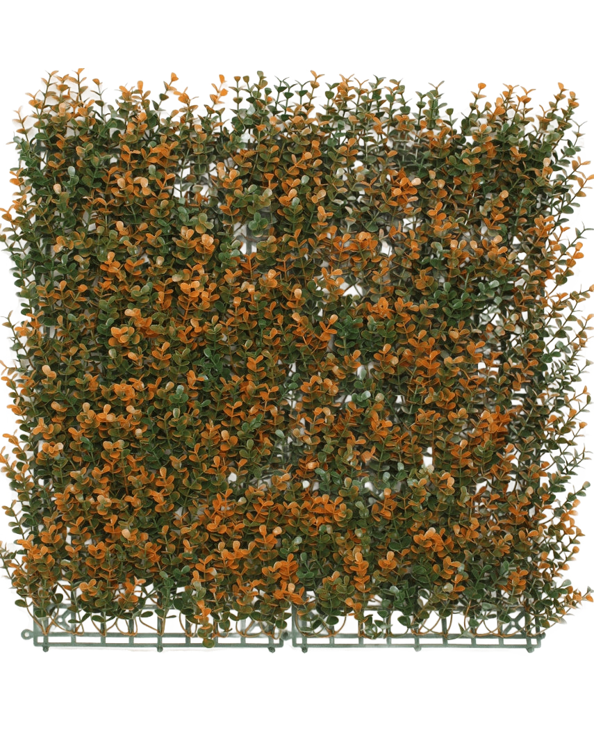 La Haie Artificielle Buxus orange 50x50 cm UV est un panneau artificiel carré au feuillage vert et orange sur grille en plastique, idéal comme haie décorative ou brise-vue, présenté ici sur fond blanc uni.