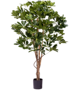 La plante artificielle Schefflera 120 cm est une grande plante artificielle avec des feuilles vertes luxuriantes et de multiples tiges brunes fines dans un petit pot noir, parfaite pour décorer n'importe quel espace.