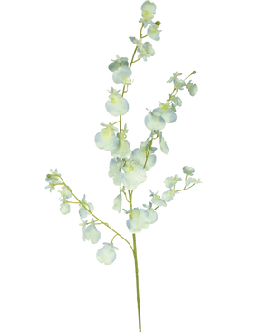Une seule tige d'orchidée branche artificielle de 80 cm en turquoise a plusieurs petites fleurs et bourgeons artificiels, sur un fond blanc uni.