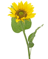 Le Tournesol Artificiel Deluxe 52 cm est un tournesol artificiel aux pétales jaune vif, au cœur marron foncé et aux feuilles vertes sur une longue tige, photographié sur un fond blanc uni.