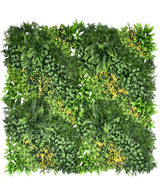 La Haie Artificielle Limerence 100x100 cm UV est un panneau de jardin vertical carré au feuillage vert dense et aux petites fleurs jaunes, aux formes et textures de feuilles variées pour un aspect luxuriant et vibrant.