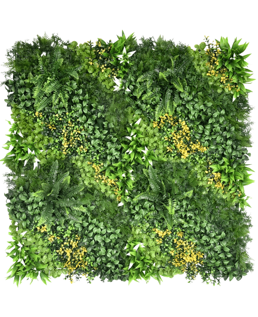 La Haie Artificielle Limerence 100x100 cm UV est un panneau de jardin vertical carré au feuillage vert dense et aux petites fleurs jaunes, aux formes et textures de feuilles variées pour un aspect luxuriant et vibrant.