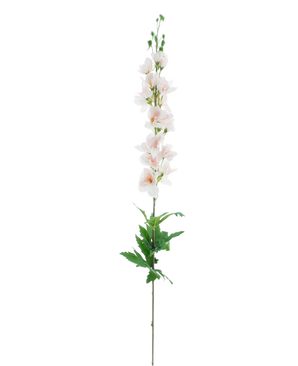 La Fleur Artificielle Larkspur Real Touch champagne pa 90 cm a une seule tige haute avec des fleurs rose clair qui s'épanouissent verticalement et des feuilles vertes à la base, sur un fond blanc uni.