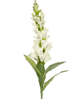 La fleur artificielle Foxglove 90 cm blanche a des feuilles vertes et des fleurs tubulaires blanches tachetées - idéales pour une décoration luxueuse ou comme accent frappant dans un bouquet de fleurs artificielles.