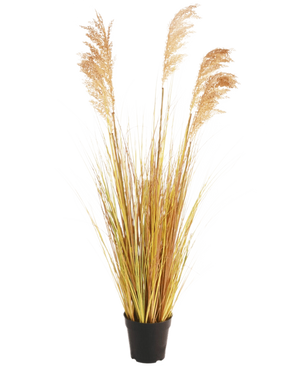 Le gazon artificiel Sorgho 110 cm ignifuge a de longues feuilles jaune-vert et des plumes brunes dans un pot noir - idéal pour donner à votre intérieur bohème une touche élégante sur un fond blanc uni.
