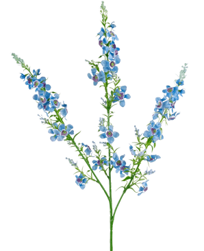 L'herbe à chat artificielle de 75 cm bleue a une seule tige verte qui se ramifie en trois, chacune avec des grappes de petites fleurs bleues vibrantes avec un centre violet et des feuilles vertes, sur un fond blanc uni.