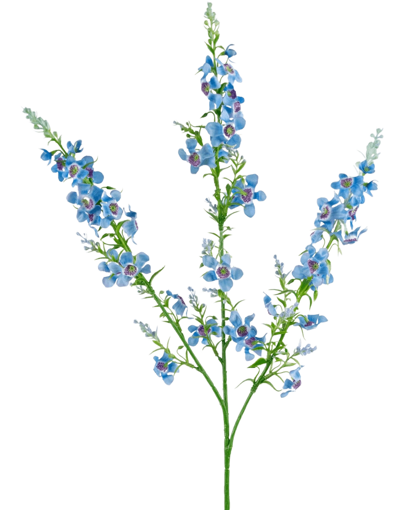 L'herbe à chat artificielle de 75 cm bleue a une seule tige verte qui se ramifie en trois, chacune avec des grappes de petites fleurs bleues vibrantes avec un centre violet et des feuilles vertes, sur un fond blanc uni.