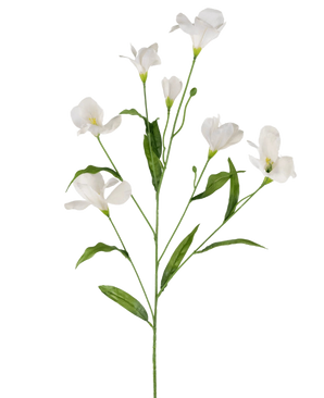 Le Rhododendron Azalée Artificiel Real Touch Blanc 80 cm possède une seule tige verte avec de multiples branches, chacune avec de délicates fleurs blanches et de longues feuilles vertes, le tout sur un fond blanc uni.