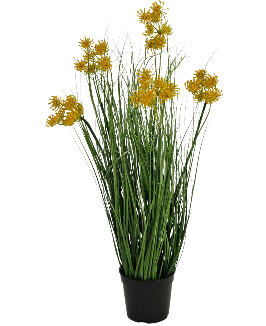 Un bonsaï d'herbe d'oignon de fleur de racine de gazon artificiel, de 60 cm de haut et ignifuge, avec de fines feuilles vertes et des grappes de fleurs jaunes sur de longues tiges, sur un fond blanc uni.