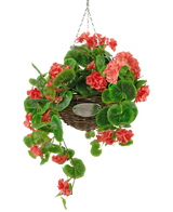 Le Bégonia Rose Artificiel en Panier UV 70 cm est un panier en osier suspendu avec des feuilles vertes luxuriantes et des fleurs de bégonia rose corail vibrantes, suspendues à une chaîne argentée sur un fond blanc.